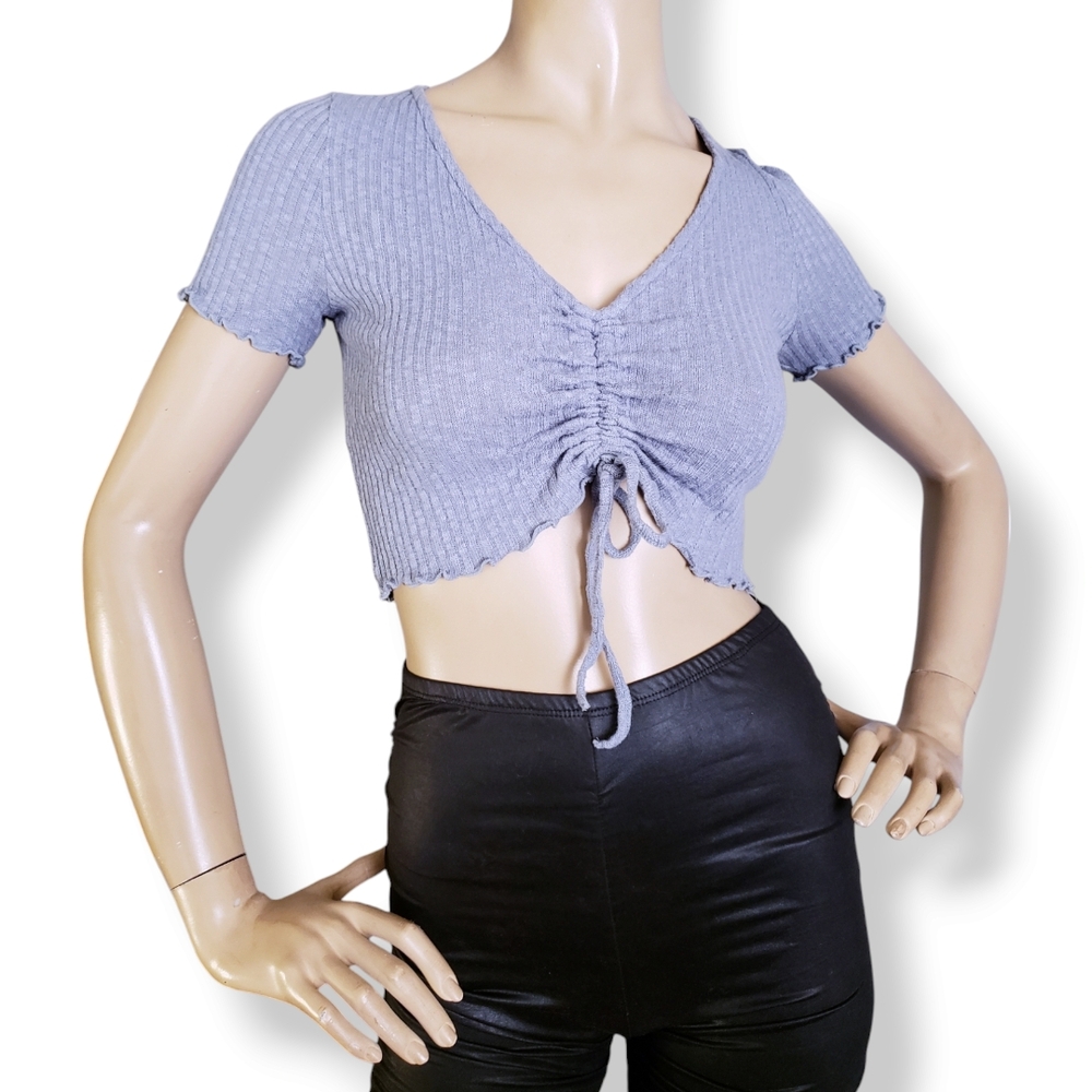 Cotton On Light Blue Ribbed Knit Ruched Crop Top Size Small